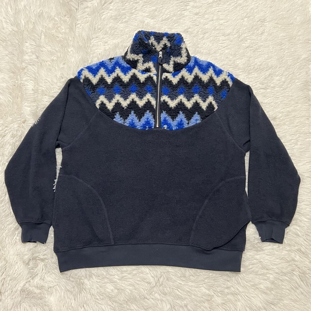 Aerie Womens XS Oversized Fleece Sherpa Quarter Zip Fair Isle Blue Pullover Cozy